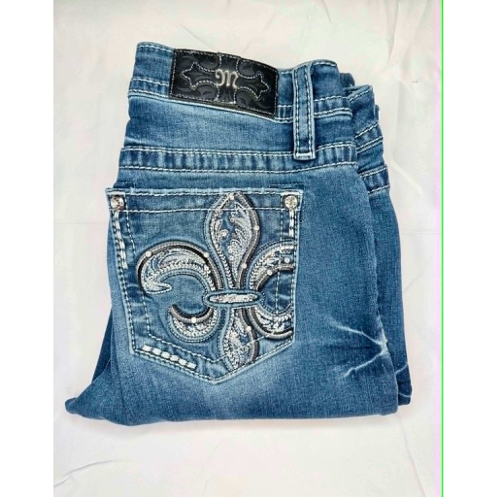 Miss Me Womens Fleur De Lis Bootcut Jeans Medium Wash Embroidered Sequin 28x33